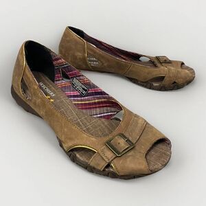 Skechers Leather Brown Original Bikers Buckle Peep Toe Slip On Shoes Womens 8.5